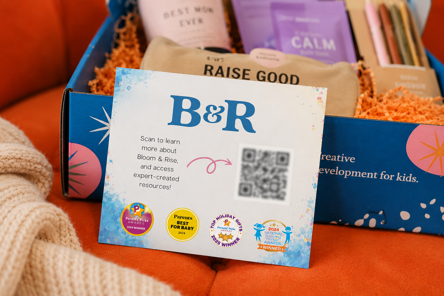 Bloom and Rise resource card with QR code for exclusive box resources